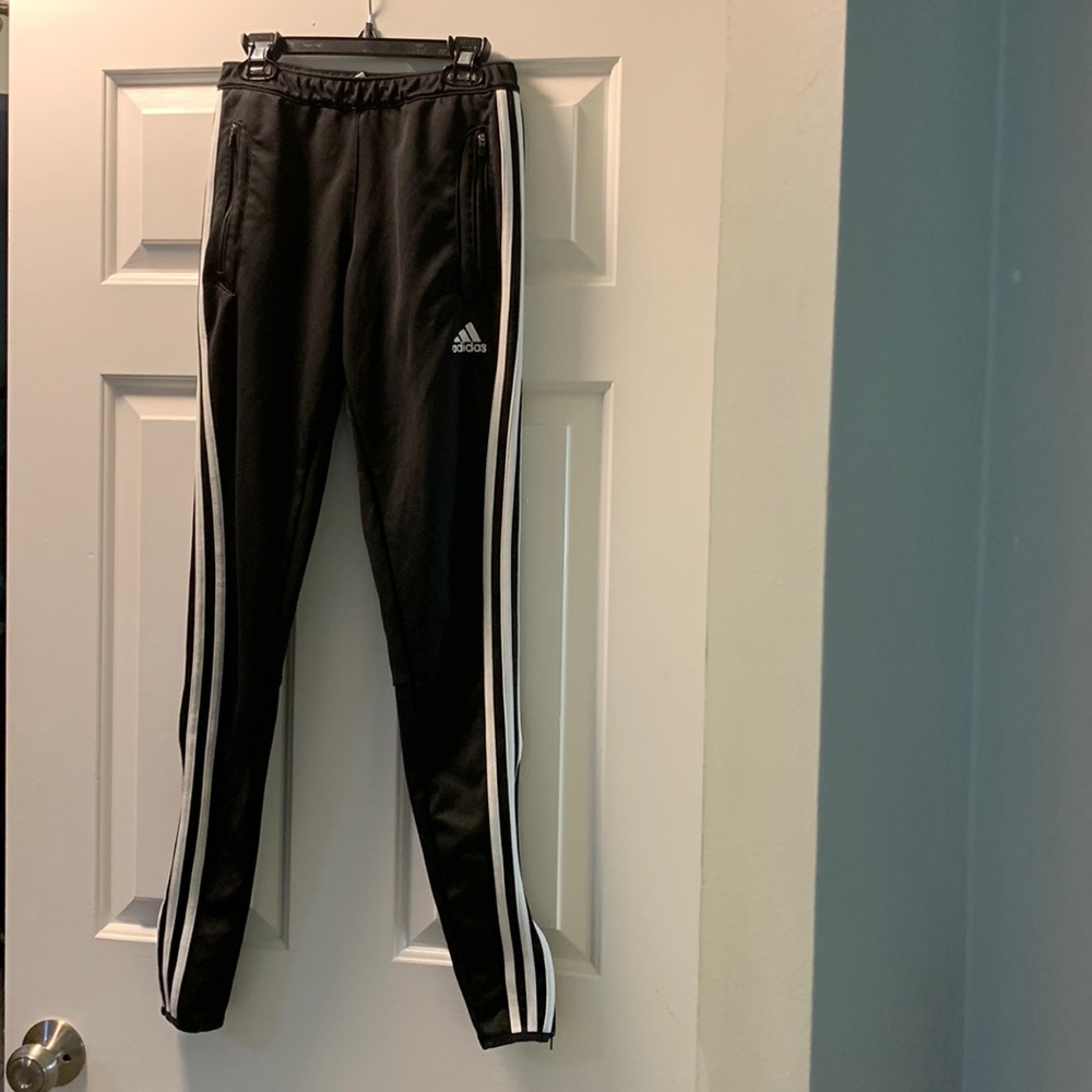 Adidas ClimaCool joggers, size XS 4-6, black with white stripes, zipper pockets